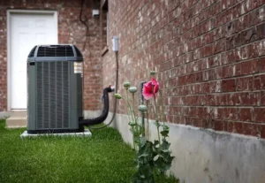 An air conditioning unit installed next to a brick wall. A few pink flowers and green stems grow in front of it. Grass covers the ground surrounding the unit and flowers.