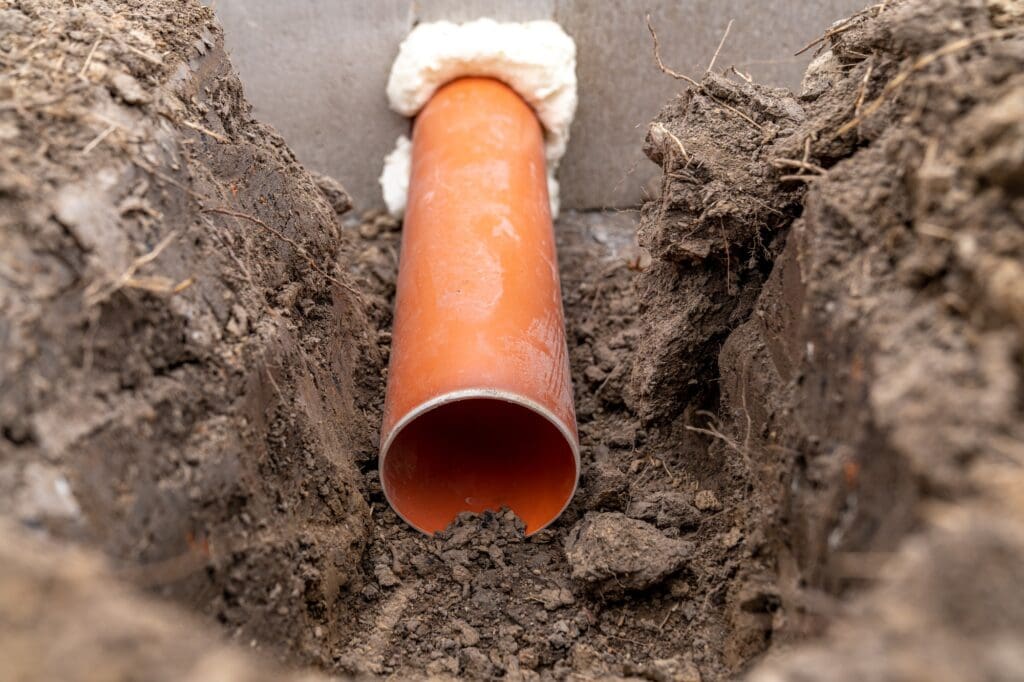 plastic pipe for sewage network in the base plate at the construction site