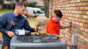 Two workers fix a wall socket with tools near an outdoor HVAC unit. A van is parked in the background.