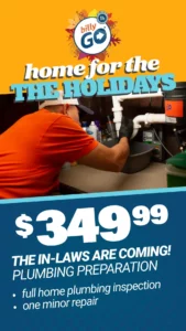 Plumber in an orange shirt works under a sink. Banner reads, "Home for the Holidays" with $349.99 offer for home plumbing inspection and one minor repair.