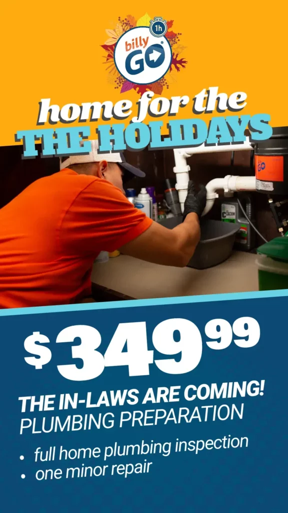 Plumber in an orange shirt works under a sink. Banner reads, "Home for the Holidays" with $349.99 offer for home plumbing inspection and one minor repair.